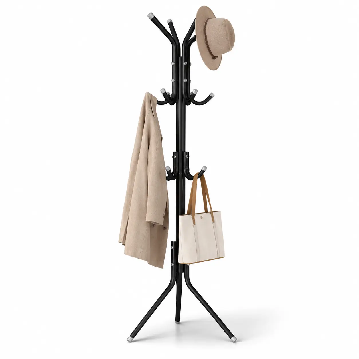 Sturdy 12-Hook Minimalist Metal Rack Hanger - Freestanding Lightweight Hall Tree, Bag Rack, Entryway Organizer for Jackets, Purses, Minimalist Apartment Home Storage
