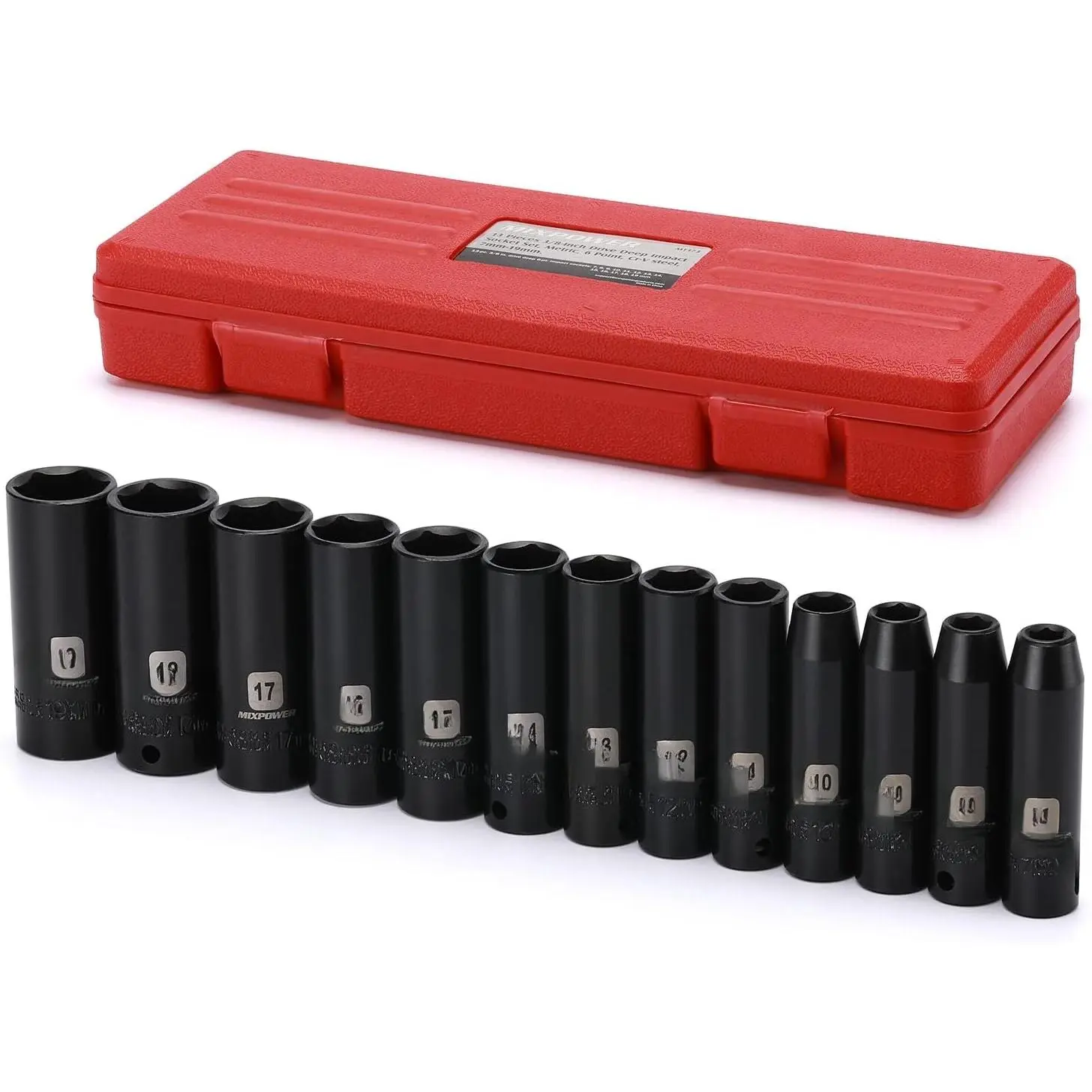 13 Count 3/8-Inch Drive Deep Impact Socket Set, 13 Pieces, 7-19mm (Deep) Metric, CR-V Steel, 6-Point Design, High-Contrast Size Marking Hand Tool