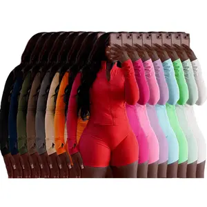 Breathable Elasticity Gym Set - Women'S 2 Piece Workout Set Zip-Up Jacket & Shorts - Casual Activewear For Fitness & Athleisure Trend, Women's Clothes, Outfits