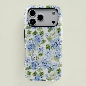 Blue Hydrangea Girly Aesthetic 2 in 1 Phone Case Shockproof Durable Stylish for iPhone 11 12 13 14 15 16 17 Pro Pro Max Plus Summer Spring Flowers Cute Fashion Case