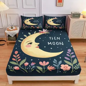 3-Piece Comfortable Moon And Dragonfly Bed Hat Set, High-Definition Digital Printing, Soft And Breathable, 100% Polyester Fiber, Perfect Gift For All Seasons, Suitable For Family And Friends. Clearance Sale