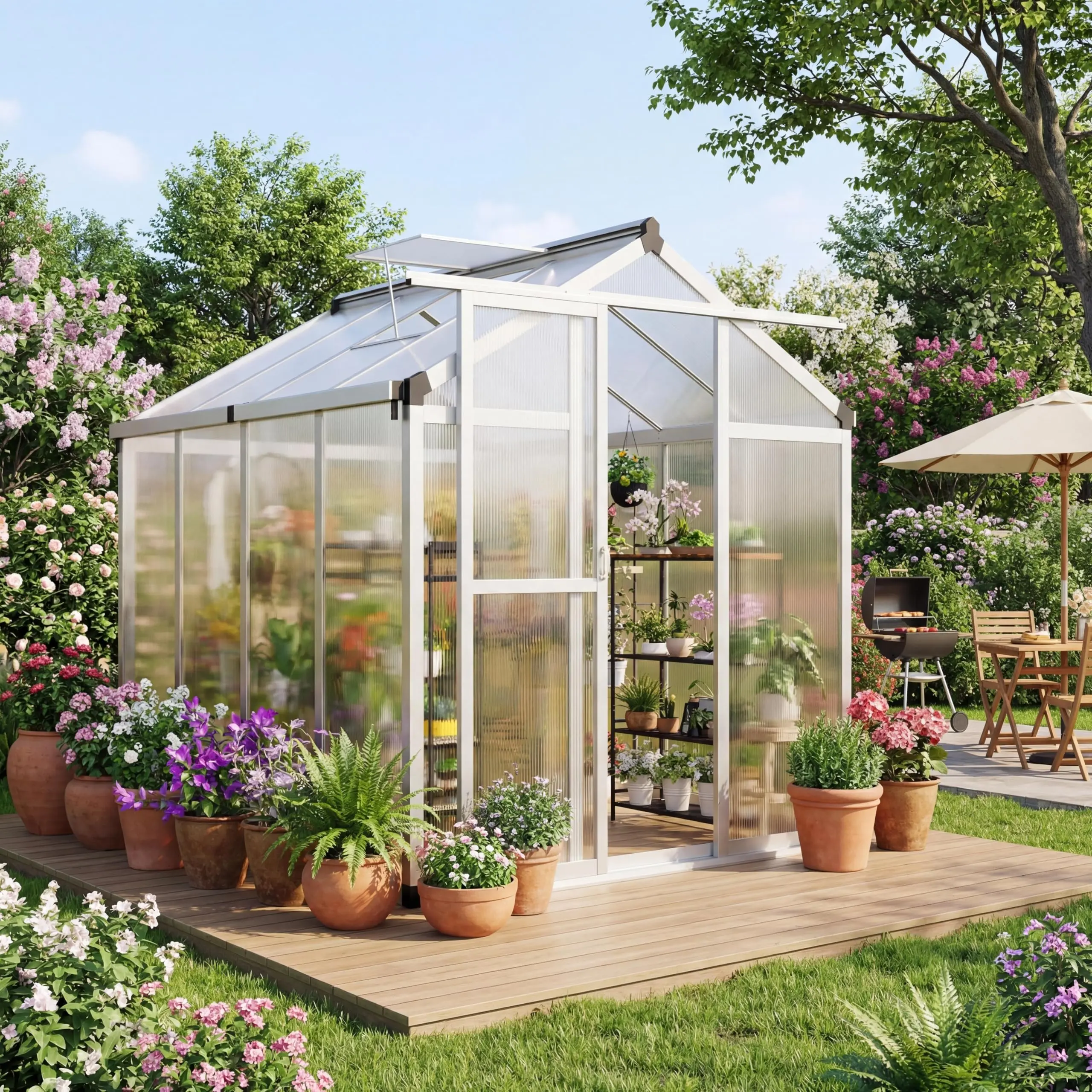 Garvee Heavy-Duty Aluminum Adjustable Greenhouse (6x8 FT, 6x10 FT) - Polycarbonate Walk-In Structure with Roof Vent, Lockable Sliding Door, Matte Silver/Deep Green, Sun Protection, Ground Anchors, Water Resistant Gardening Shelter for Garden, Backyard