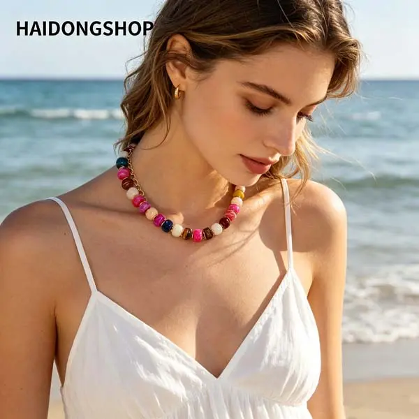 Bohemian rainbow beaded necklace, multicolor resin stone bead choker/necklace, handmade chunky women’s jewelry for summer beach vacations