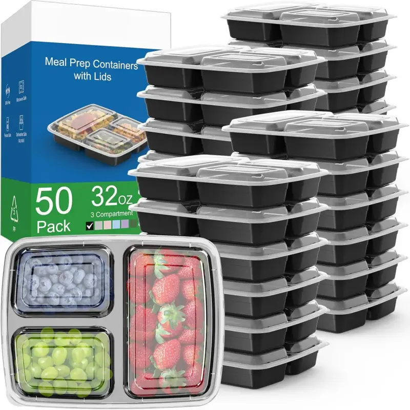 50 Pack (100-) 32 oz Meal Prep Containers  with Lids 3-Compartment, To Go Take Out Plastic  Storage Containers, Sturdy Leakproof  Safe, Microwave Freezer Dishwasher Safe, Black-L