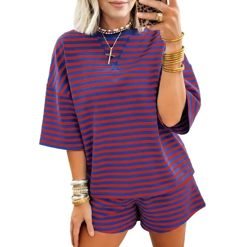 Women's 2-Piece Striped Ribbed Cotton Matching Short & Top Set - Shortsleeve Breathable Top with Chest Patch, Fitted Sleeves, Elastic Fabric, Everyday Casual Gamis, Women's Clothes, Matching Short & Top Sets