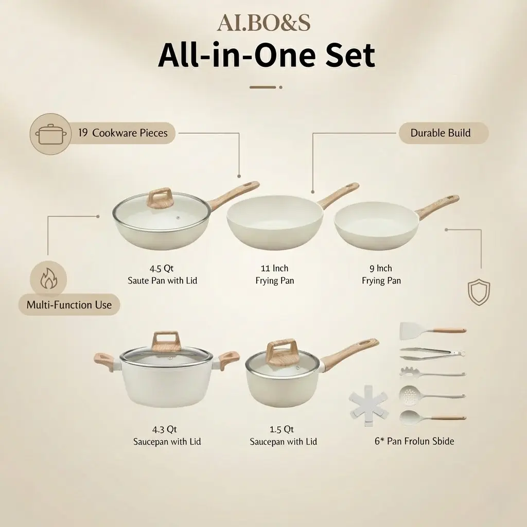 AI.BO&S Pots and Pans Set Non Stick,19Pcs White Granite Pots and Pans Set Nonstick - Induction Cookware Set with Utensils - PFOA Free & Non Toxic Frying Pan Handles