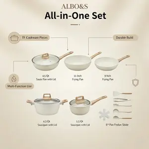 AI.BO&S Pots and Pans Set Non Stick,19Pcs White Granite Pots and Pans Set Nonstick - Induction Cookware Set with Utensils - PFOA Free & Non Toxic