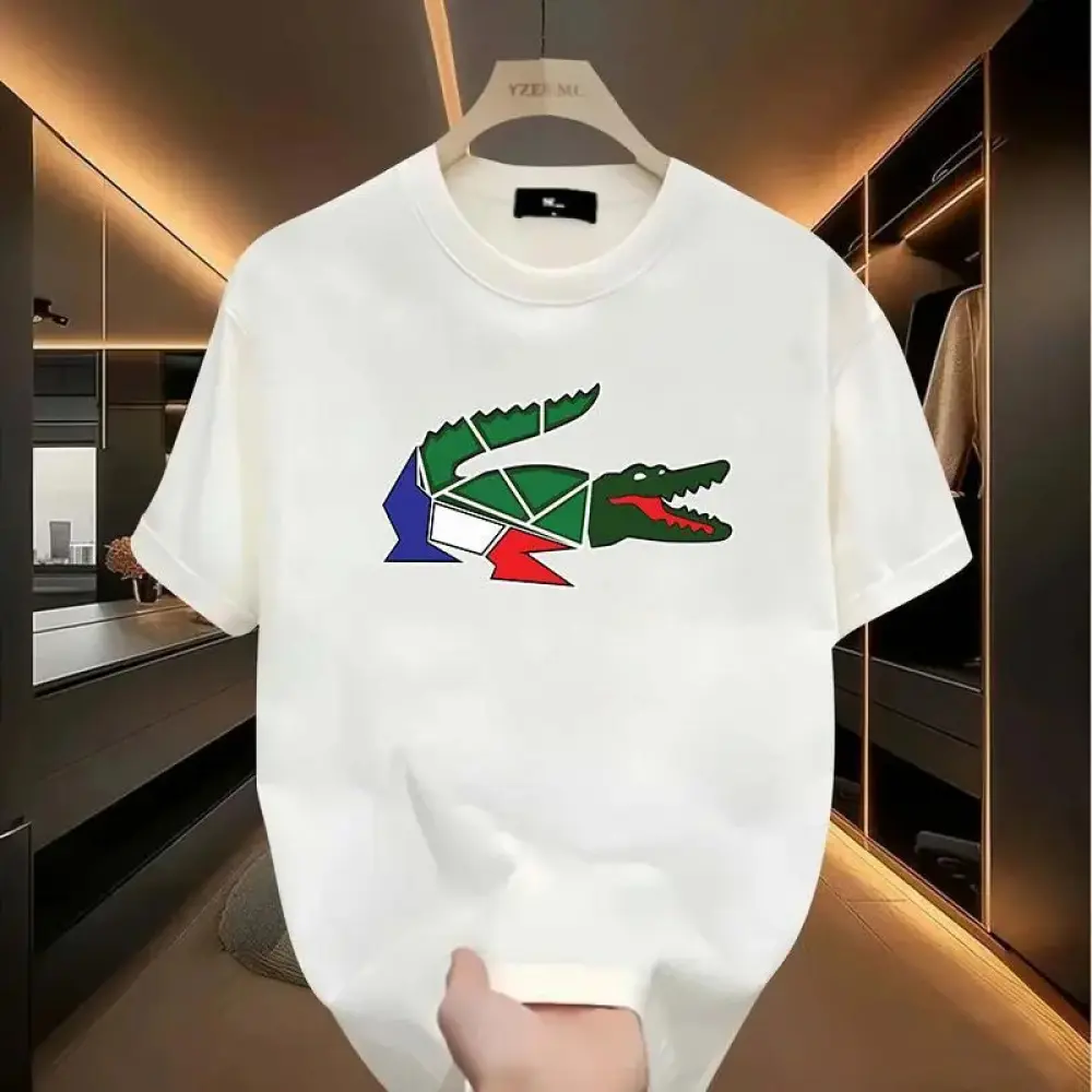 Men's Short-Sleeve Round Neck Soft Fabric Streetwear T-Shirt, Irregular Graphic Cartoon Crocodile Design, Unisex Loose Casual Fashion Top for Spring Summer, Couple-Style Youthful Daily Wear