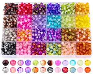 1200PCS 6mm Glass Beads Kit, 24 Assorted Crack Colorful Crystal Beads for Bracelets & DIY Crafts