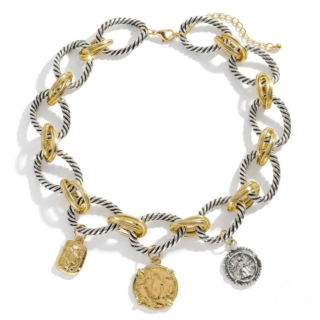 Vintage Coin Embellished Necklace, Unisex Antique Gold Plated Brass Pendant, Chain Jewelry for Daily Wear and Events, Coin Embellished Necklaces, Chain Jewelry Necklaces, Antique Coin Necklaces