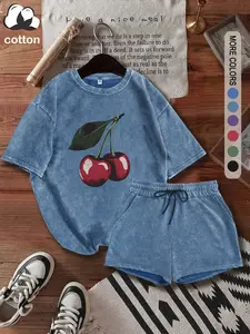 Summer Women's Suit with Fun Cherry Pattern Print, Comfortable Breathable Cotton Vintage Y2k Clothing Women's Clothing Suitable for Casual Outdoor Leisure, Punk Style Fitted Round Neck Washed Cotton T-shirt Shorts Two-piece Set, Women's Summer Clothing