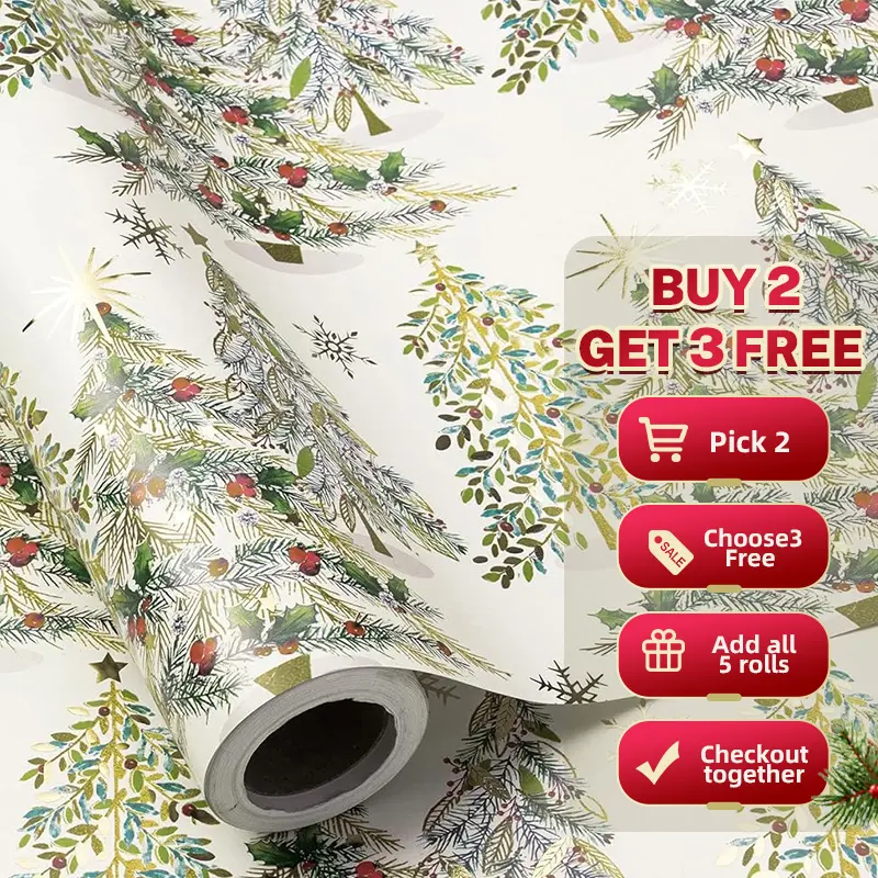 【Buy 2 + Choose 3 Free】RUSPEPA Christmas Wrapping Paper Roll  Holiday Gift Wrap with Santa,Christmas Tree, Bear Plaid and Vintage Newspaper Patterns - Festive Xmas Wrapping Paper for Kids,Family,Friends,Holiday Party,Gift Exchange,  17 Inch x 16.4 Feet