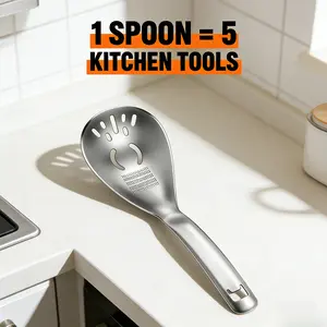 [Kitchen Space Saver] 5-in-1 Stainless Steel Colander Utensil - Slotted Spoon with Built-in Garlic Grinder & Baby Food Masher, Heavy-Duty Kitchen Strainer & Skimmer for Home Cooking Feeding Essentials