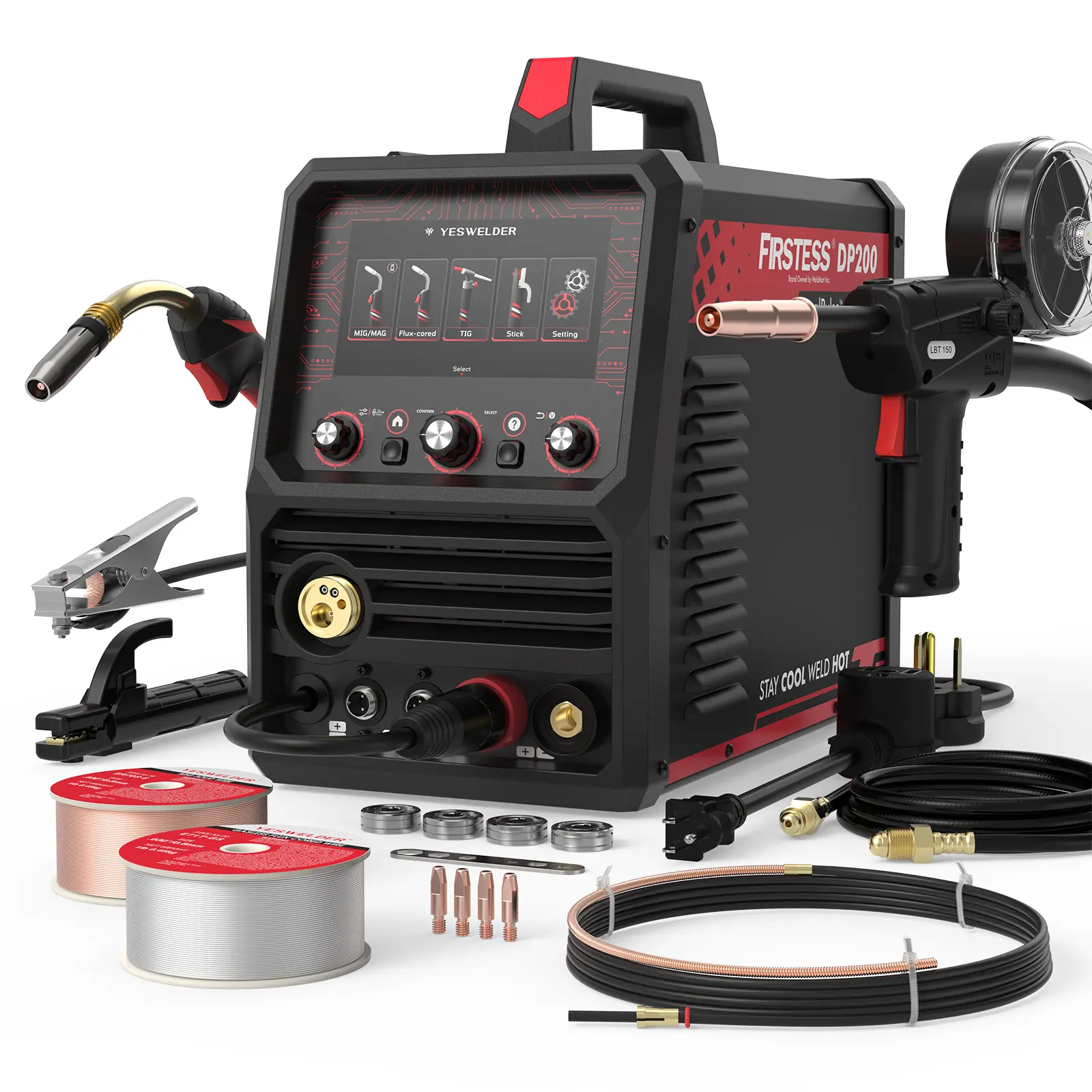 YESWELDER Firstess DP200&Spool Gun 120/240V Dual Voltage Pulse MIG Welder | 7-Inch LCD Screen & Upgradeable Firmware | Pulsed MIG/MIG/Flux Core/Aluminum Spool Gun/Lift TIG/Stick Multiprocess Welding Machine
