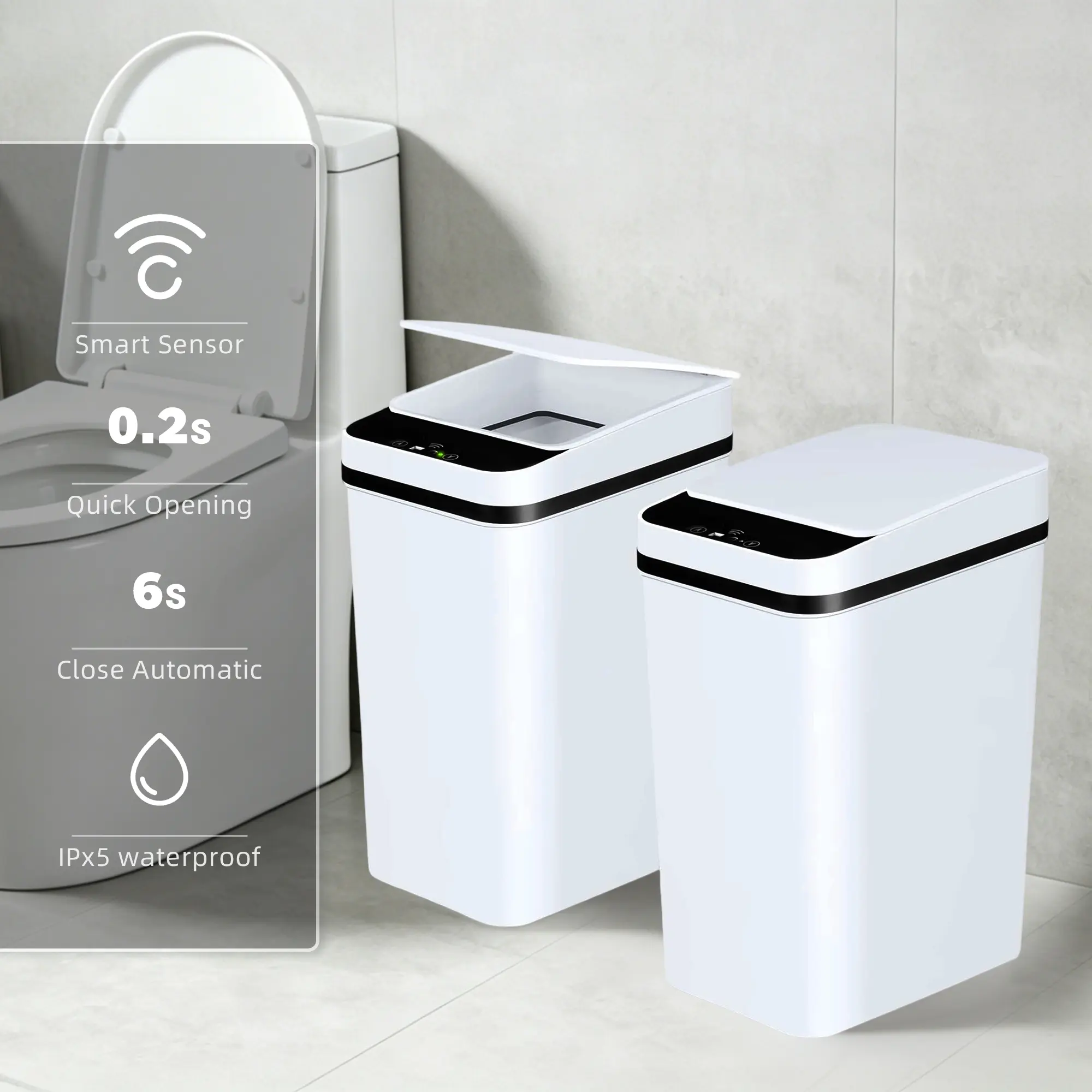 2-Pack 12L ABS Automatic Trash Bin, Smart Induction Trash Can，Small Smart Motion Sensor Trash Can, Slim Waterproof Trash Bin for Bedroom, Bathroom, Office, Living Room,White and Black Trash Can,Bathroom Gadget