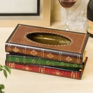 Wooden Vintage Book-Shaped Tissue Box Holder, Classic Style Bookmark Envelope, Paper Towel Folder, Suitable for Home Office Car Kitchen Bathroom