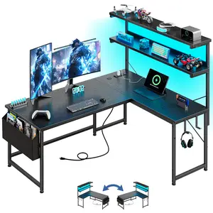 【Cable Organizer】Raybee 53‘’W Gaming Desk with LED Light & Power Outlets, Sturdy & Easy Assemble Computer Desk with 2 Hooks & Side Storage Pocket,Gaming Setup for Home Office Use,Study desk for teenagers,Reversible L Shaped Computer Table with Shelf,Black