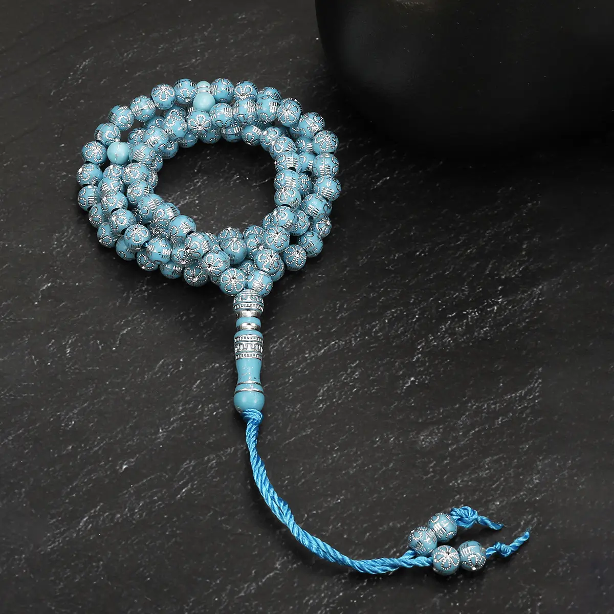 1pc 99 Round Beads, Ethnic Blue Flower Acrylic Prayer Beads, Handmade Knotted Beads, Bracelet, Suitable for Both Men and Women During Ramadan
