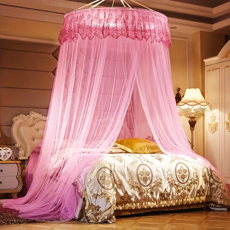 1count Luxury Round Dome Mosquito Net, Universal Size Bed Canopy, Elegant Lace Princess Bedding, Home Bedroom Decor And Protection