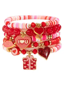 Women's Beaded Charm Bracelet Set, Soft Pottery Chain Material, Heart Pattern Design, Ideal Gift for Women & Girls, All-Season Jewelry, Romantic Bracelet Set