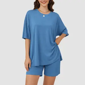 VILIGO Women's Casual Two-Piece Set Oversized Crewneck Split Hem Shirt & Biker Shorts Matching Lounge Outfit Basic Loungewear Pajamas in Blue Half Sleeve Above the Knee Minimalist Style Summer Wear Nightwear Elegance Everyday