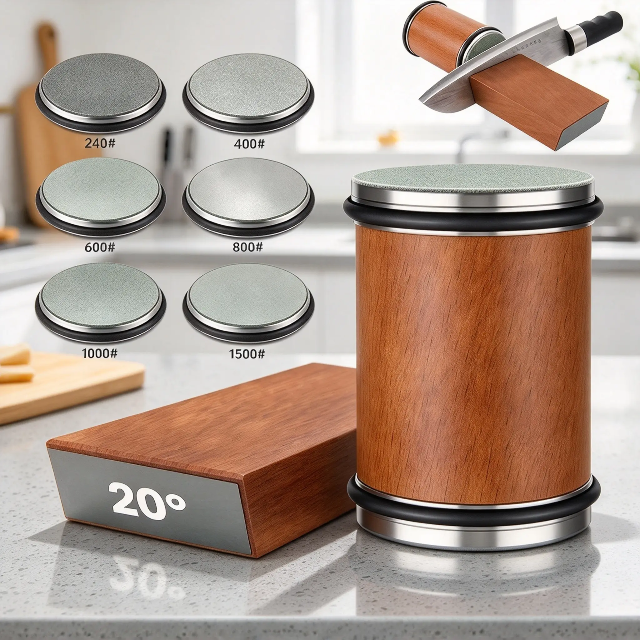 2026 New Manual Rolling Knife Sharpener Kit - Adjustable Angles, Diamond & Ceramic Discs, Medium Wooden Honing Tumbler, Fits Any Steel Hardness Kitchenware for Knives, Ideal for Friends, Family Gatherings, Festivals