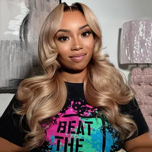 Ombre Honey Blonde Body Wave Wig 180 Density 13x4 Lace Frontal Human Hair Wig Ombre Dark Brown and Blonde Colored Transparent Lace Front Wig Pre Plucked for Women