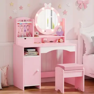 Kids Vanity Table and Chair Set – Princess Girls Vanity Set with Mirror, Lights, Jewelry Storage, and Cushioned Stool, Toddler Makeup Vanity for Little Girls