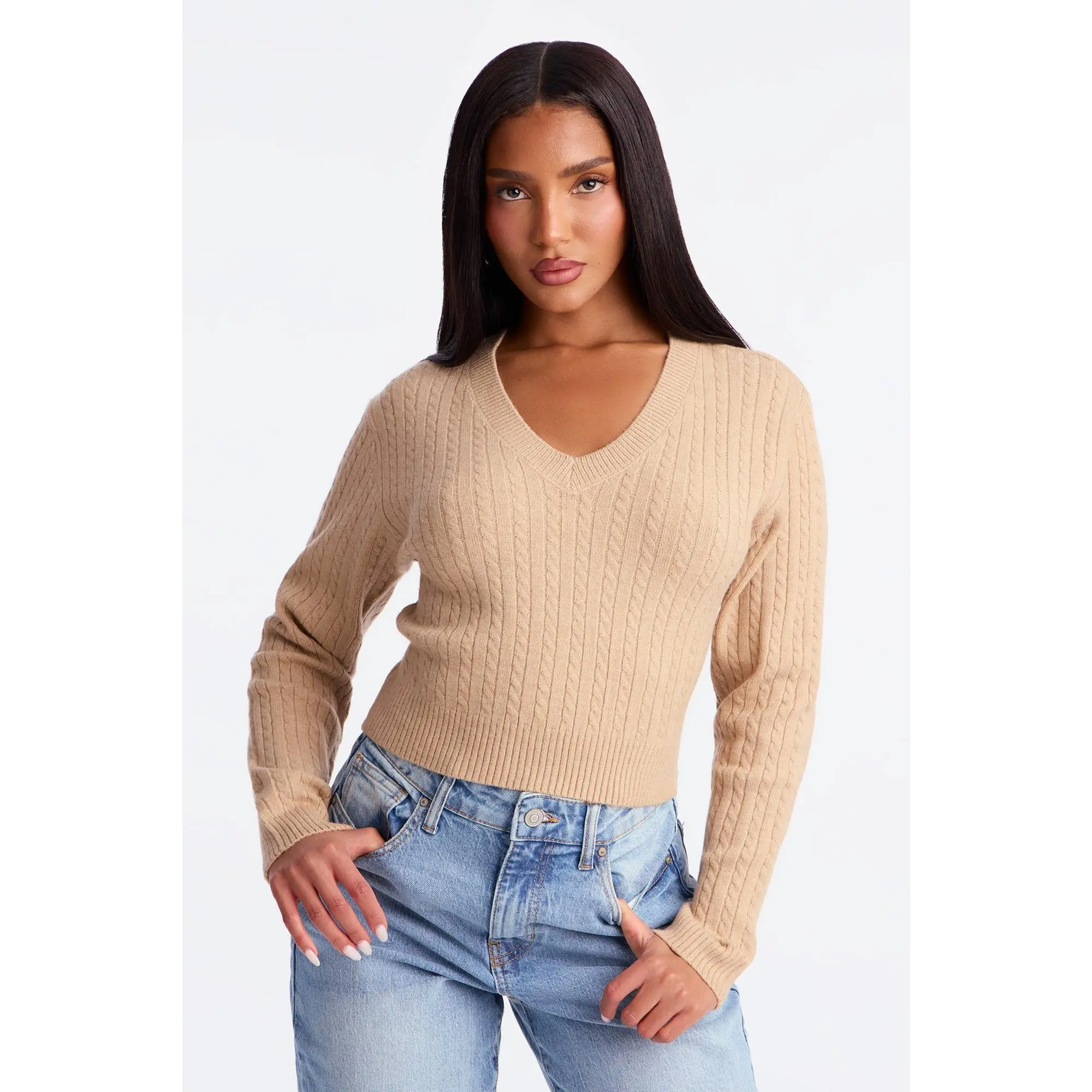 Frosty V Neck Cable Knit Sweater - Khaki