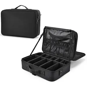 Makeup Bag Extra Large Travel Makeup Bag with Compartment Cosmetic Bags Makeup Organiser Bag Vanity Case Makeup case and Shoulder Strap, Black