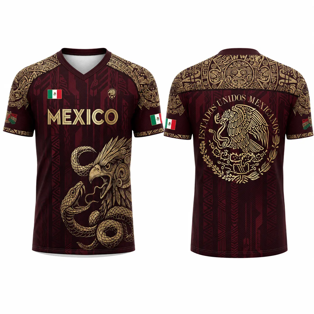 2026 Mexico Burgundy Short Sleeve Sports T-Shirt for Men, Gold Eagle Snake Graphic Tee, Aztec Heritage Print, Mexican Flag Detail, Estados Unidos Mexicanos Back Design, Casual Athletic Top tiktokshopbacktoschool