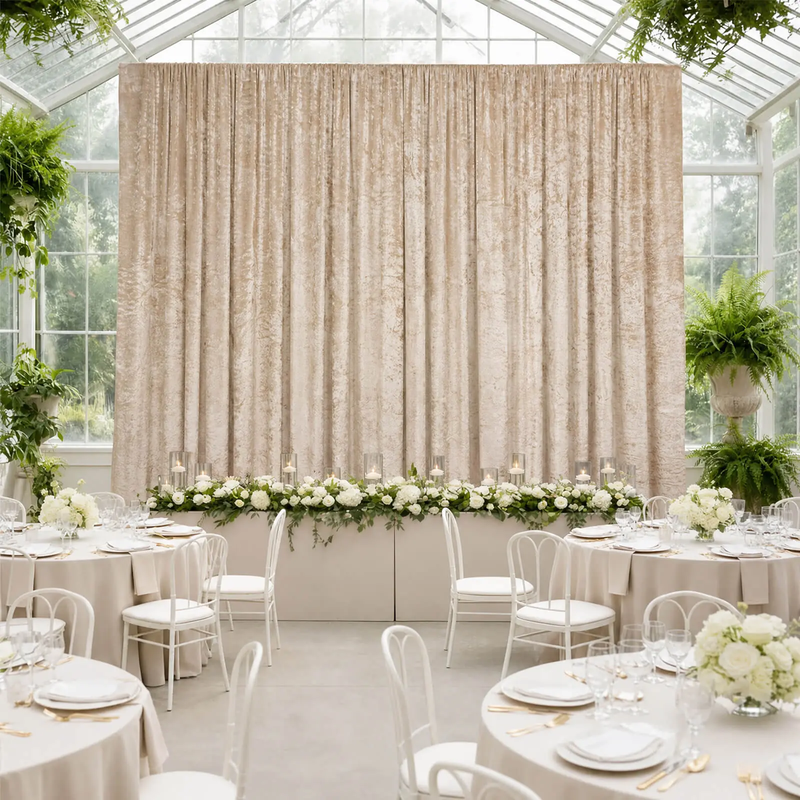 Beige Premium Crushed Velvet Backdrop Curtain 5ft x 20ft – Ceiling Drape Panel & Room Divider Curtain with Rod Pocket, 70% Blackout