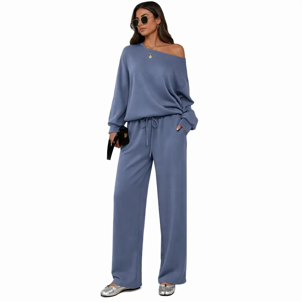 2026 Autumn Women's Leisure Solid Color Sloping Shoulder Long Sleeve Top & Wide Leg Trousers Co-ord Set & Separates, Minimalist Scoop Neck Loose Outfits, Casual Womenswear