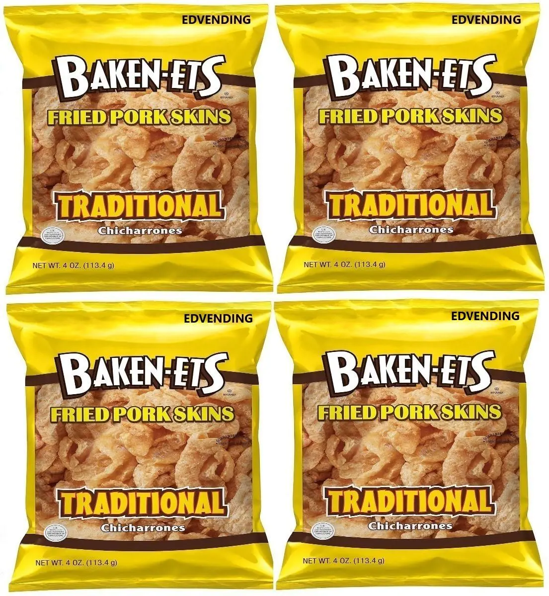 EDVENDING Fried Pork Skins, Traditional, 4 oz. (Pack of 4)