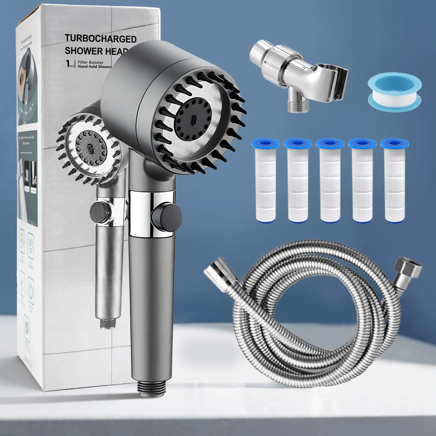 Stainless Steel Handheld Filter Shower Head, 3 Modes High Pressure Easy Installation Durable Kit