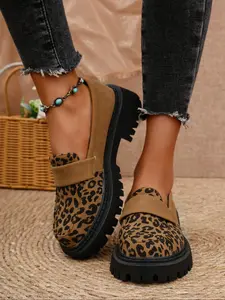 Women's Fashion Leopard Print Chunky Sole Loafers, Casual Comfortable Platform Loafers for Daily Wear, Female All-match Round Toe Shoes for Daily Wear, Flatform, Walking Shoes