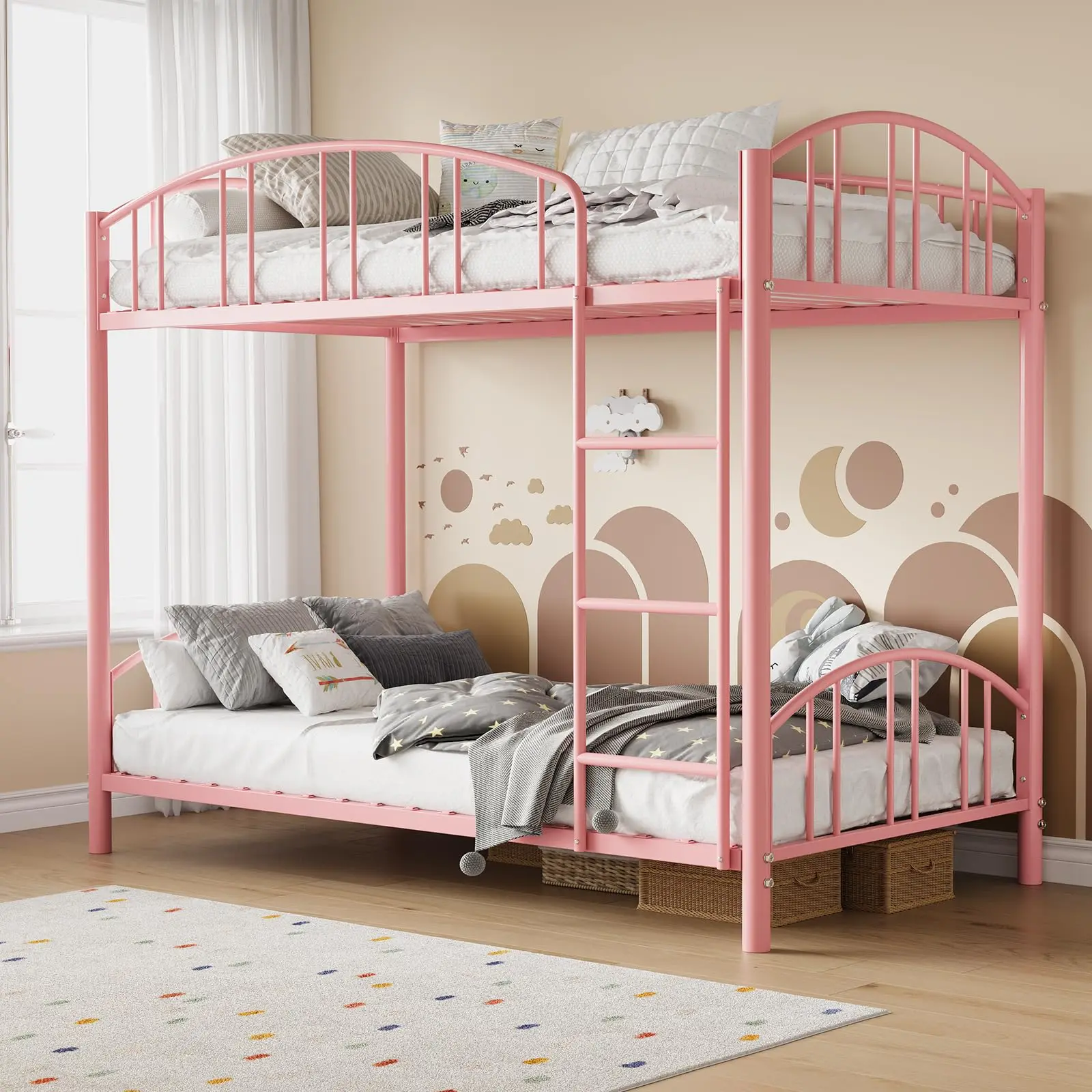 Garvee Metal Twin Over Twin Bunk Bed with Heavy Duty Steel Frame, Arched Guardrail, Safety Ladder, Space-Saving Design, No Box Spring Needed, Modern Pink Finish, Suitable for Boys and Girls