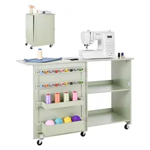 【Summervibes】VEVOR Folding Sewing Table, Multipurpose Sewing Machine Table with Compact Design, Wheels, Wooden Pegs, Storage Trays and Shelf, Magnetic Door Lock, Craft Station and Side Desk for Home, Light Green