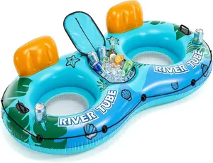 90" Inflatable River Tube for 2 Adults with Removable Cooler, 2 Cup Holders, Backrest & Rope, Heavy Duty Pool Lake Float for Summer Party, River, Beach, Single Unit