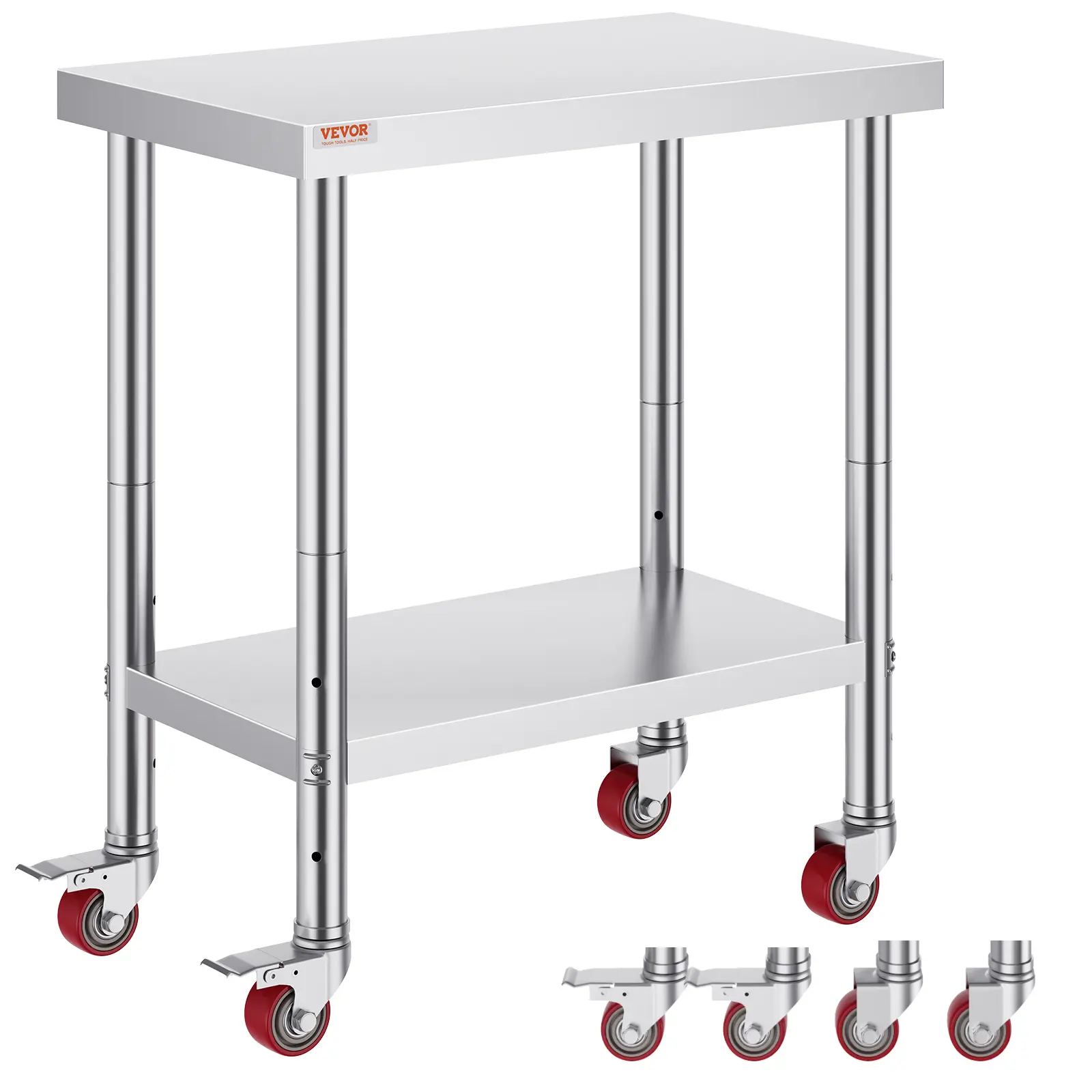 VEVOR Heavy-Duty Stainless Steel Utility Cart Work Table - 30x18x34in, 700lbs Load Capacity, 4 Smooth Transport Brake-Lock Wheels, 3 Adjustable Shelves, Organizer Racks, Shelf for Stacking, for Commercial Kitchen, Garage, Silver, Father's Day Gift