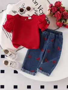 Baby Girl 2-Piece Set, Baby Clothing, Casual Solid Color Ruffle Sleeve Top, Butterfly Embroidery Jean Pants, Elastic Waist, Comfortable
