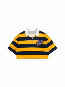 Vintage style contrasting color striped short cropped collared polo shirt, American street style casual hot girl style high waist loose slim five-inch sleeve lapel top