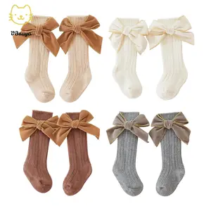 4-Pack Baby Girls Knee High Socks Infants Toddlers Bow Knit Socks Cotton Tube Ruffled Stockings