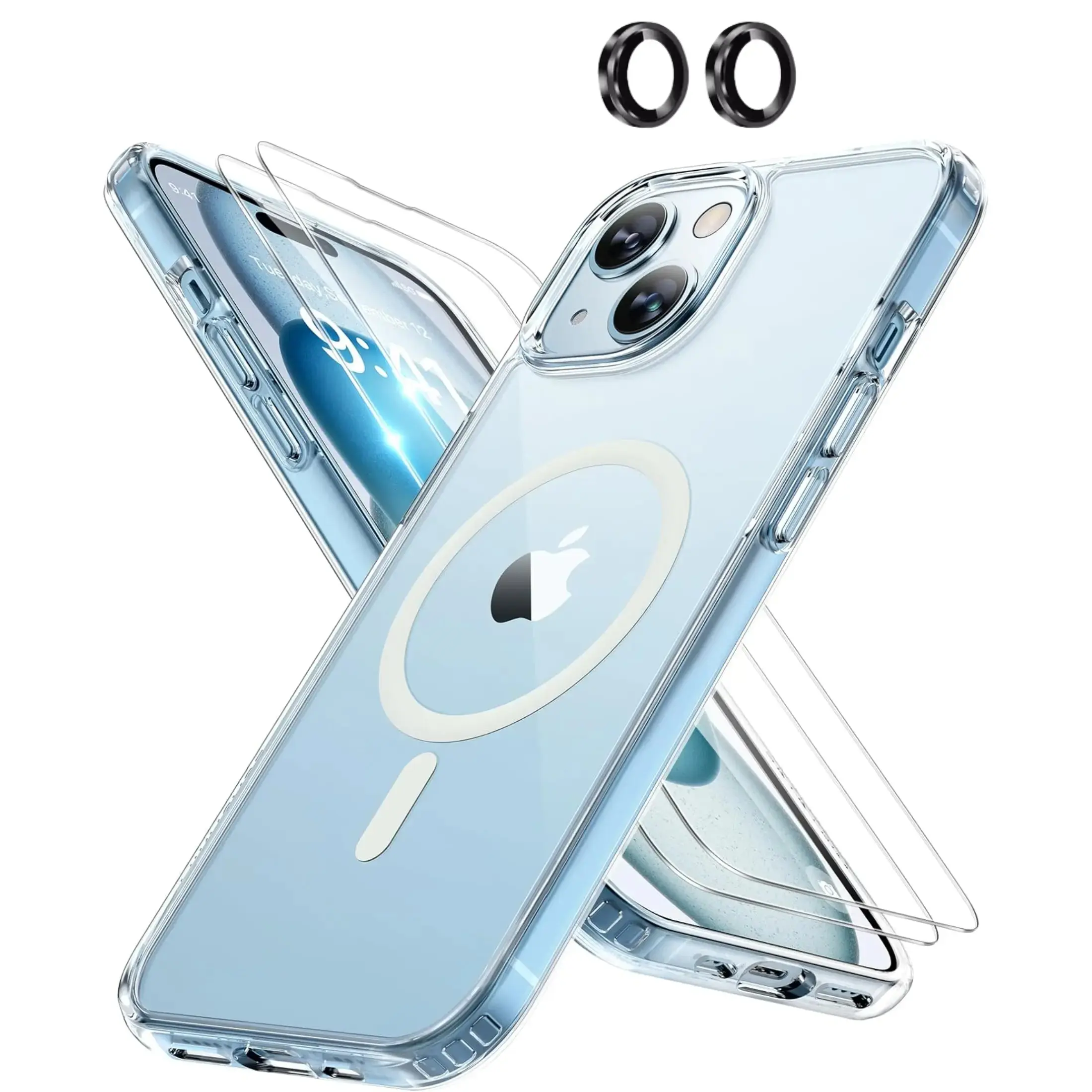 Entronix Bundle Compatible with iPhone 15 Plus - [Magnetic] Clear Case, 2 Clear Screen Protectors & 1 Metallic Camera Lens Protector