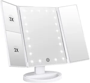 Trifold Lighted Vanity Mirror with 21 LED Lights, 1X/2X/3X Magnification, Touch & USB – Rose Gold