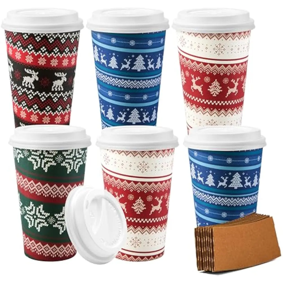 24 PCS Christmas Disposable Paper Cups, 16 oz Merry Christmas Party Cups With Sleeves and Lids, 4 Designs Xmas Drinkware Winter Drinkware, Tableware Holiday Party Supplies