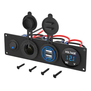 4 in 1 Car Outlet Socket Panel, 12V DC 4.8A Dual USB Power Outlet & 12V Cigarette Lighter Socket & LED Voltmeter & Lighted on/OFF Rocker Toggle Switch USB Mobile Charger