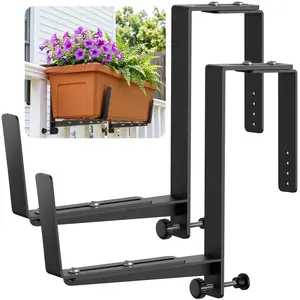 Window Box Brackets, Adjustable Planter Box Brackets, Heavy Duty Iron Flower Box Brackets for Railings, with Enhanced Bottom Support - Perfect for Balconies, Fences, and Gardens (Black, 2 Pack)