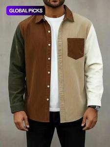 men's corduroy colorblock collar casual fashion long sleeve shirt jacket, versatile daily wear longsleeves outerwear for men, classic menswear, tops