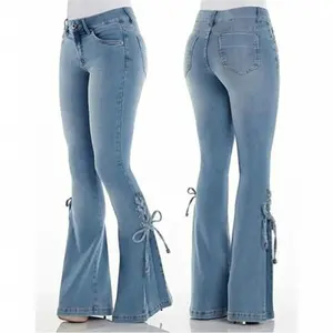 Plus Size Waist Bandage Stretch Flare Jeans Vintage Lace Up Outfit Bell Bottom Patchwork Goth Pant Y2k